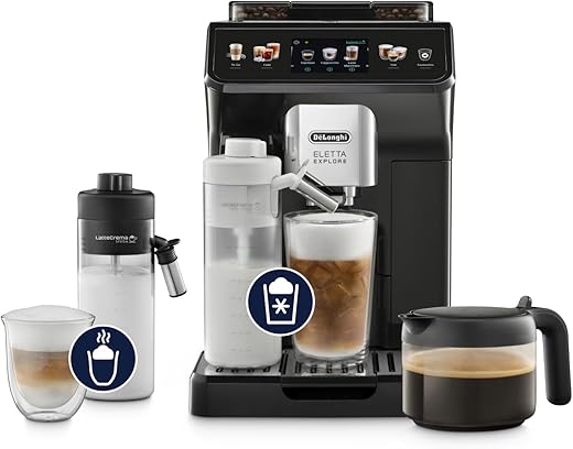 De'Longhi Eletta Explore ECAM452.67.G, Volautomatische Espressomachine met Cold Brew, LatteCrema Melkreservoir, 50+ Recepten van Warme & Koude Dranken, Kleuren Touchscreen, Inclusief Koffiekan, Grijs